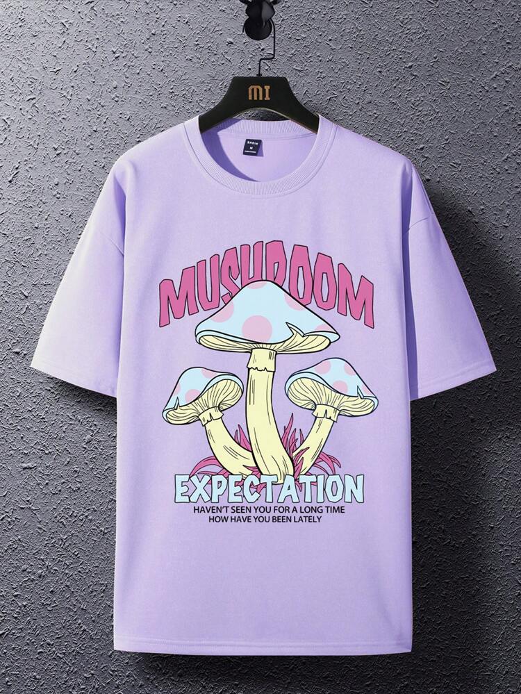 Mushroom & Slogan Graphic Drop Shoulder T-Shirt