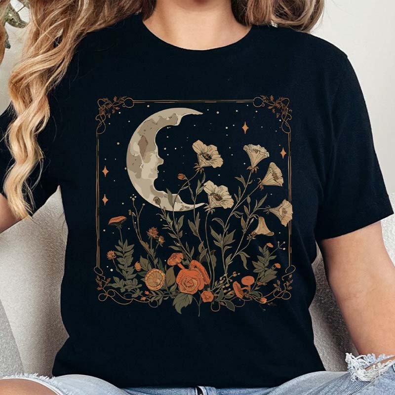Vintage Floral Moon Nature Inspired T-Shirt