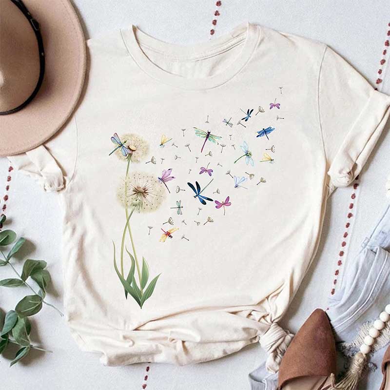 Vintage Dandelion Dragonfly Floral T-Shirt