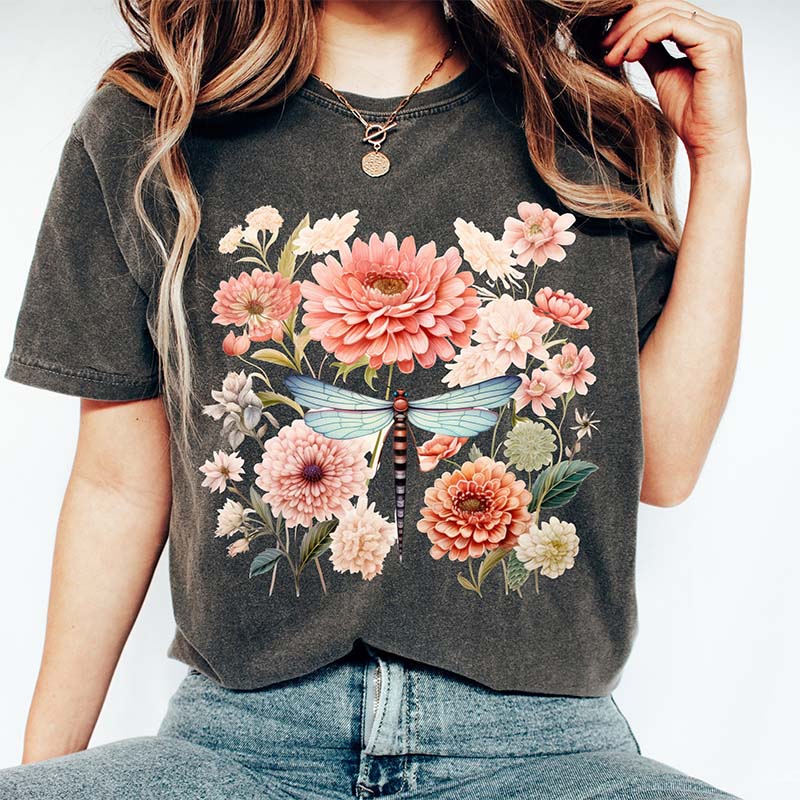 Aesthetic Dragonfly And flowers T-Shirt
