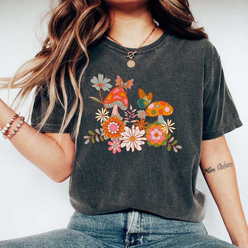 Retro Mushrooms Flowers and Butterflies T-Shirt