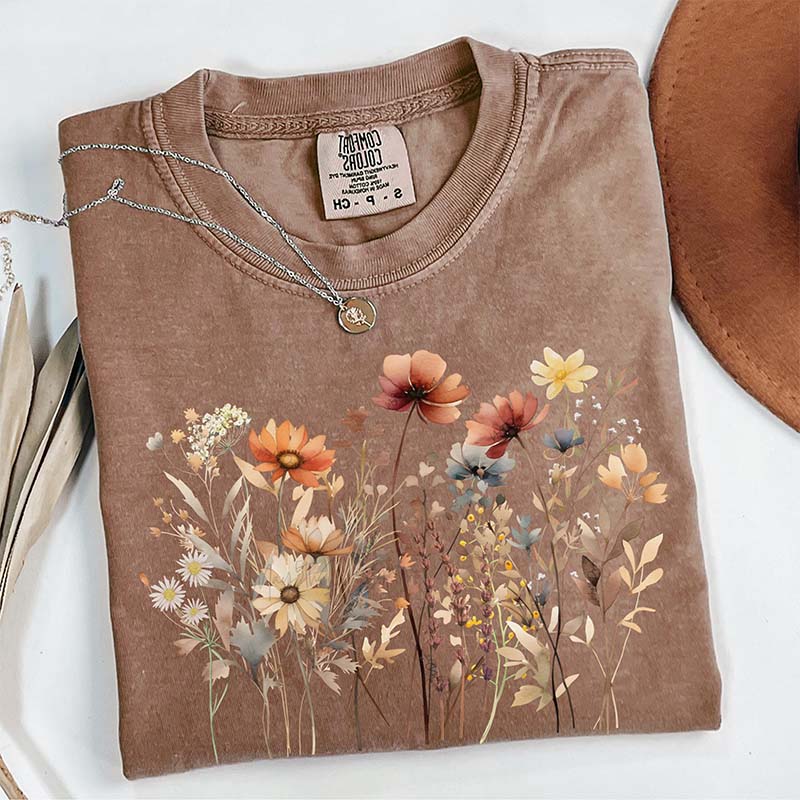 Brown Flower Autumn Wildflowers Floral T-Shirt