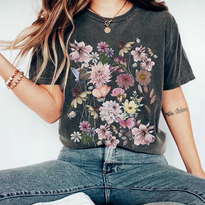 Vintage Pressed Flowers Pink Botanical T-Shirt