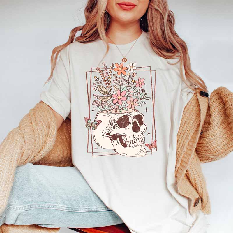 Trendy Floral Skull  Butterfly T-Shirt