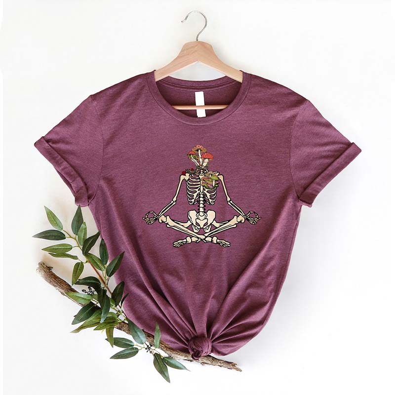 Skeletons Yoga Meditation Mushrooms And Flowers T-Shirt
