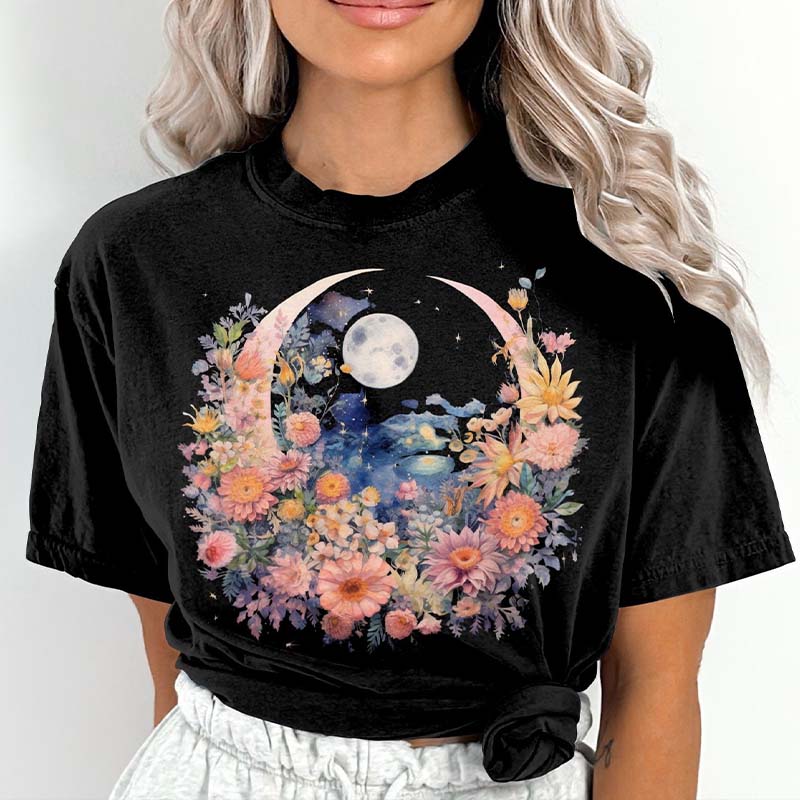 Retro Boho Hippie Floral Moon T-Shirt