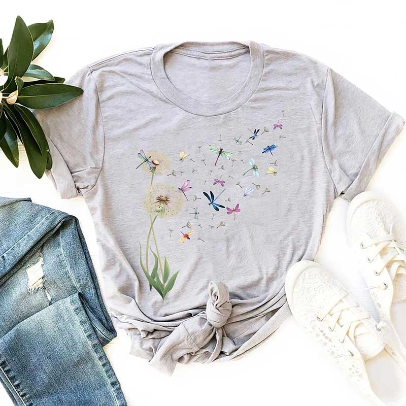 Vintage Dandelion Dragonfly Floral T-Shirt