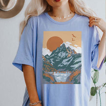 Retro Neutral Landscape Mountain and Sun T-Shirt