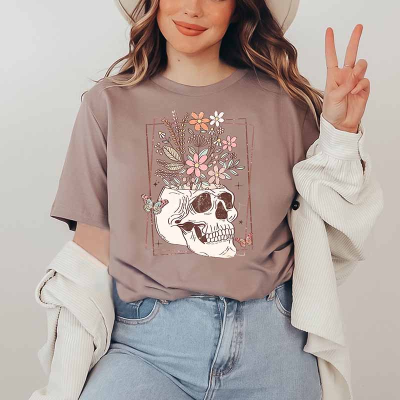 Trendy Floral Skull  Butterfly T-Shirt