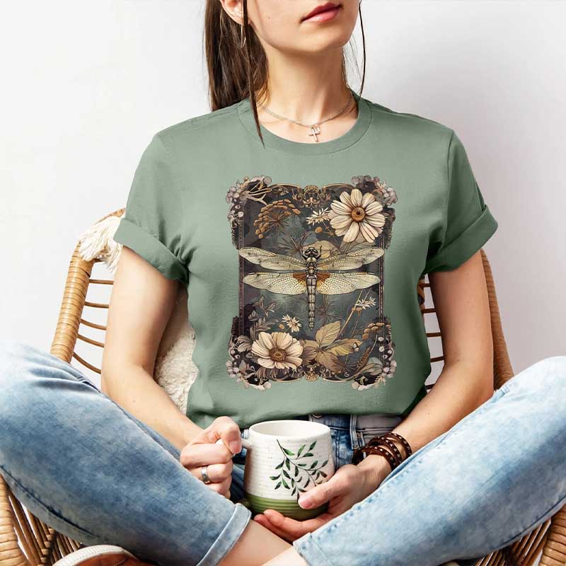 Boho Womens Dragonfly Floral T-Shirt