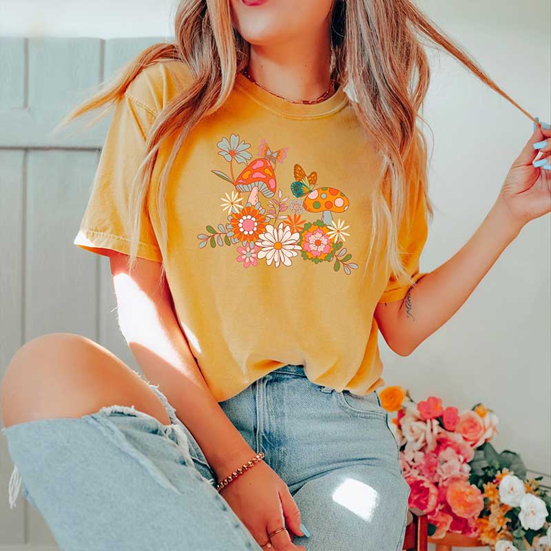 Retro Mushrooms Flowers and Butterflies T-Shirt