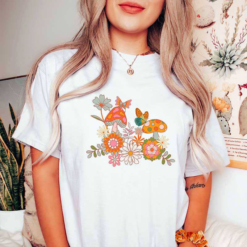 Retro Mushrooms Flowers and Butterflies T-Shirt