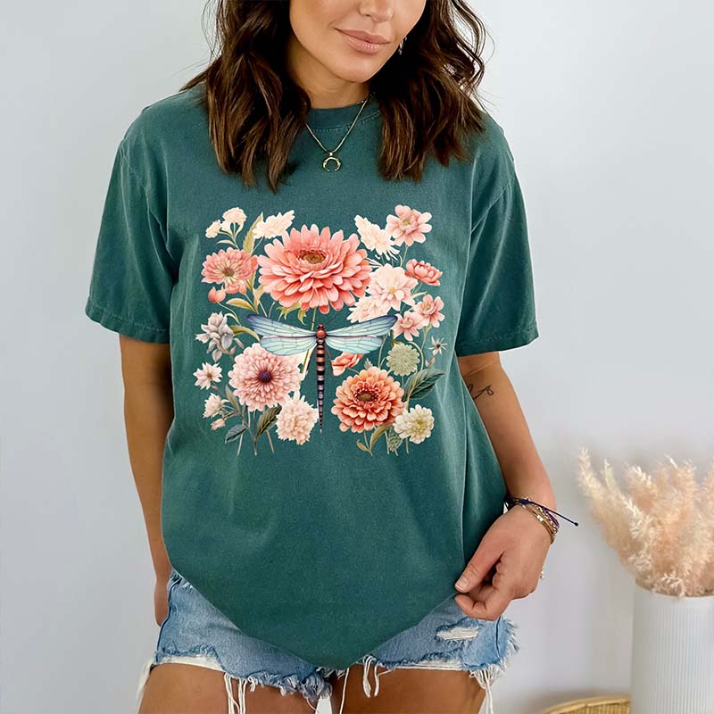 Aesthetic Dragonfly And flowers T-Shirt
