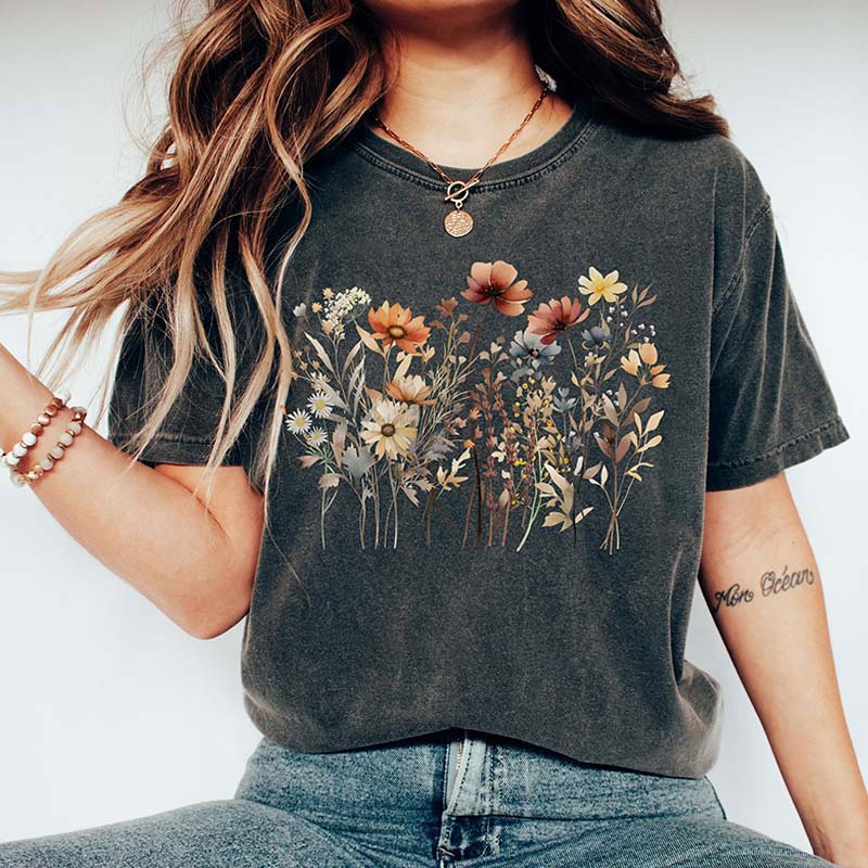Brown Flower Autumn Wildflowers Floral T-Shirt