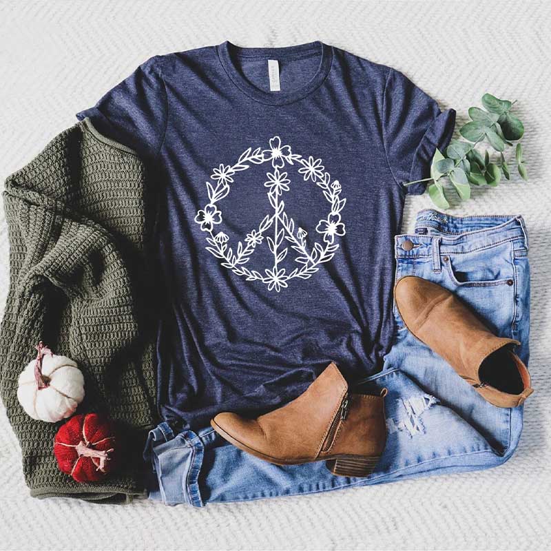Peace Sign Graphic Floral T-Shirt