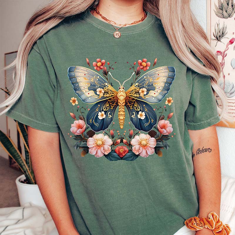 Celestial Moth Butterfly Pink Flowers T-Shirt