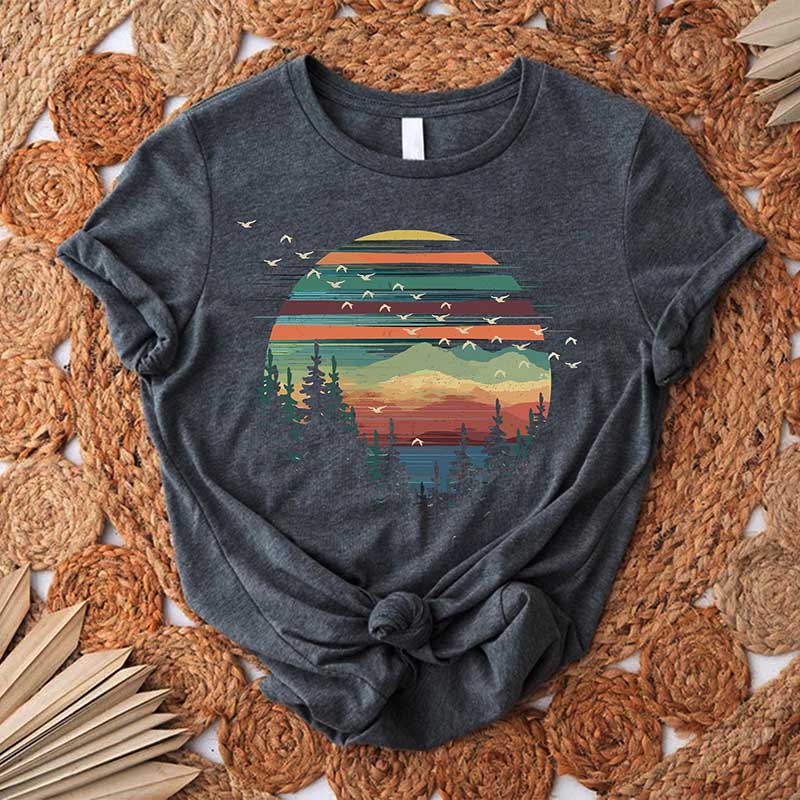 Retro Pine Trees Sunset Forest Themed T-Shirt
