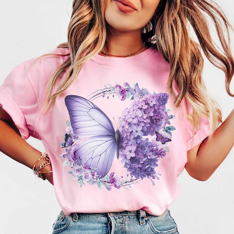 Purple Butterfly Floral Flower T-Shirt