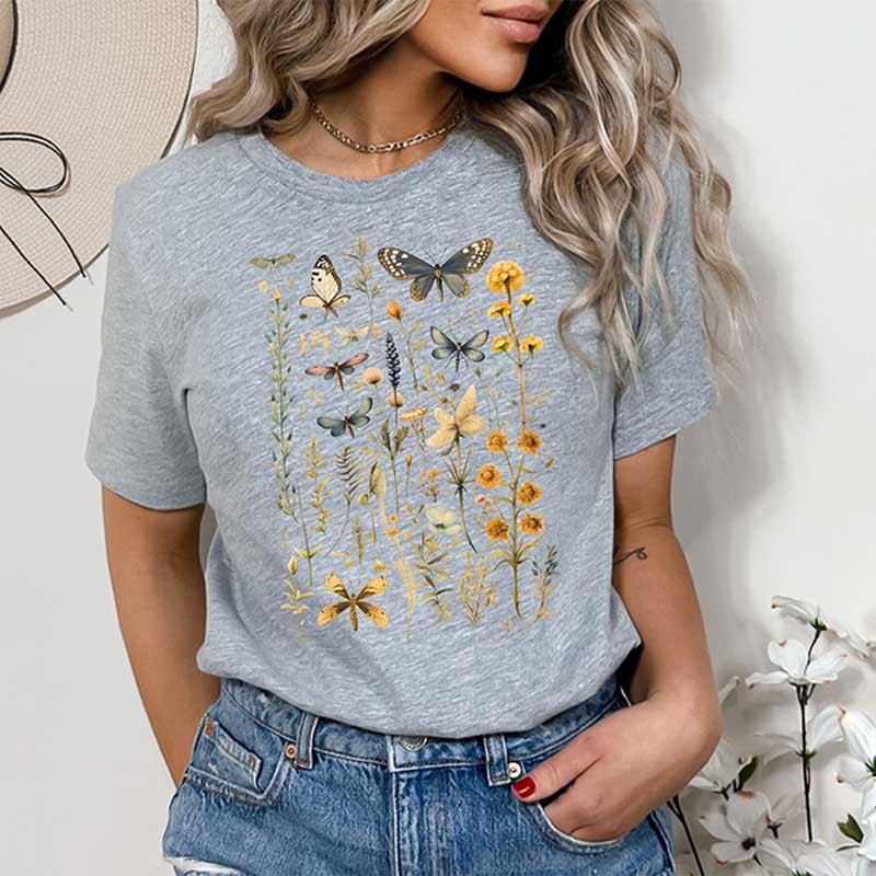Wild Flower Dragonfly Watercolor Botanical T-Shirt