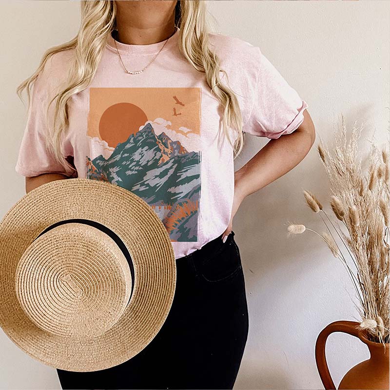 Retro Neutral Landscape Mountain and Sun T-Shirt