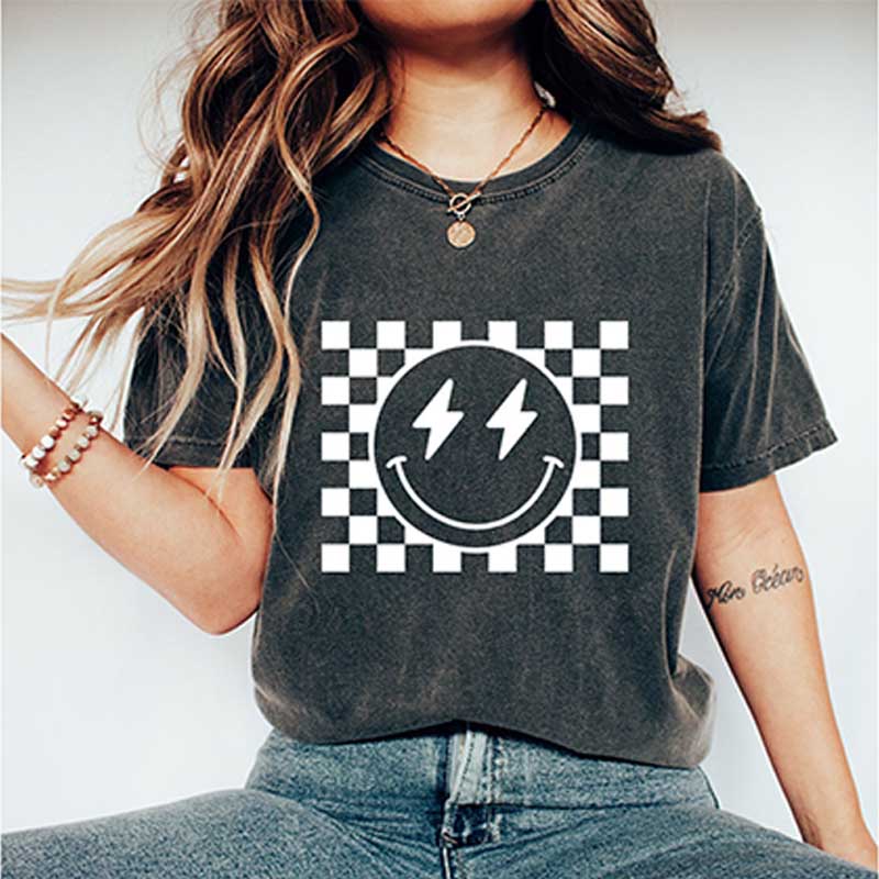 Comfort Colors Checkered Pattern Smile Face T-Shirt