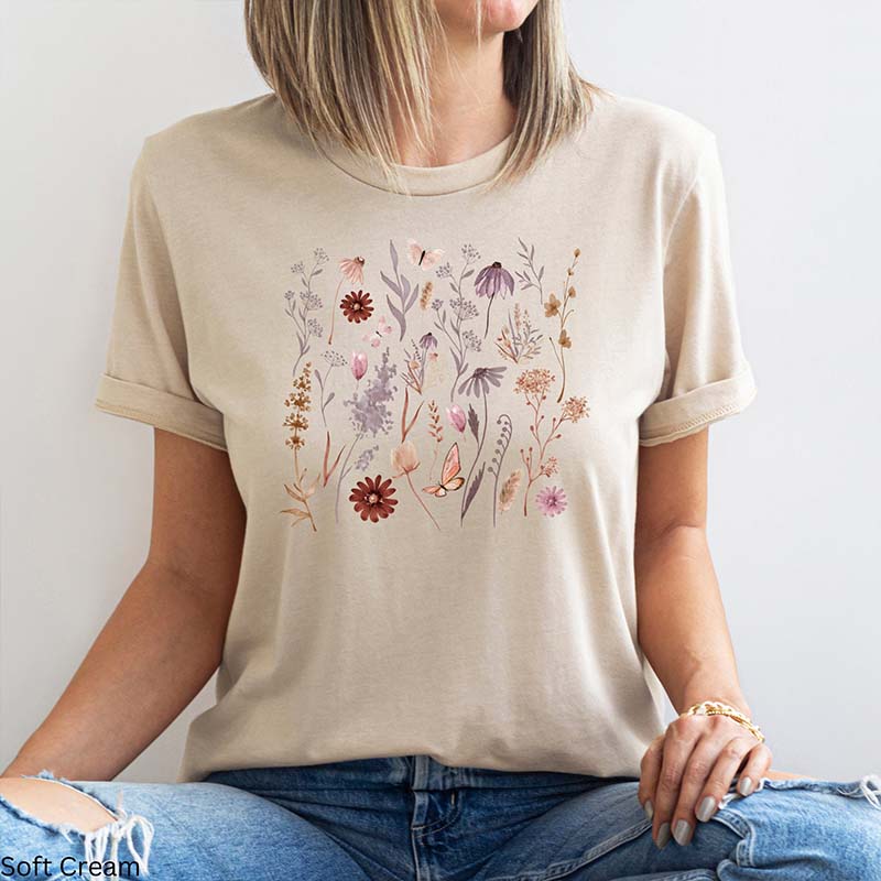 Pastel Floral Botanical Butterfly T-Shirt