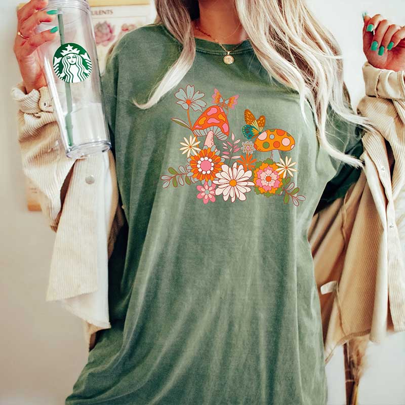 Retro Mushrooms Flowers and Butterflies T-Shirt