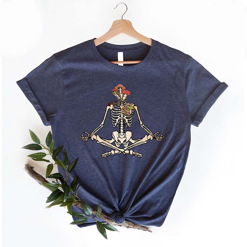 Skeletons Yoga Meditation Mushrooms And Flowers T-Shirt