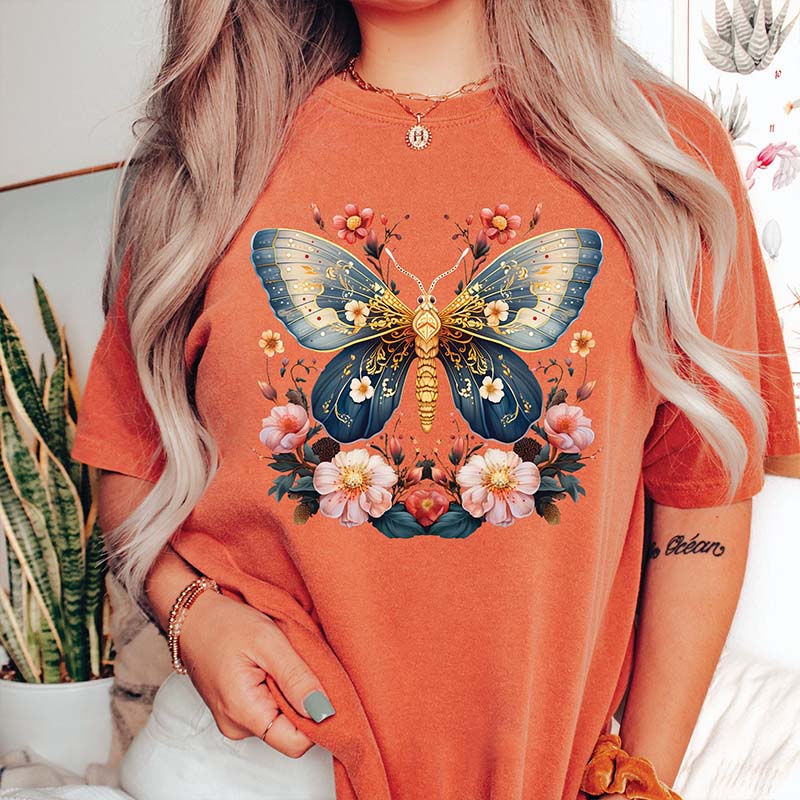 Celestial Moth Butterfly Pink Flowers T-Shirt