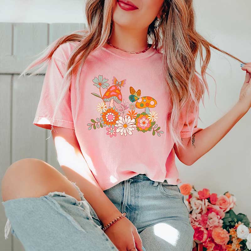 Retro Mushrooms Flowers and Butterflies T-Shirt