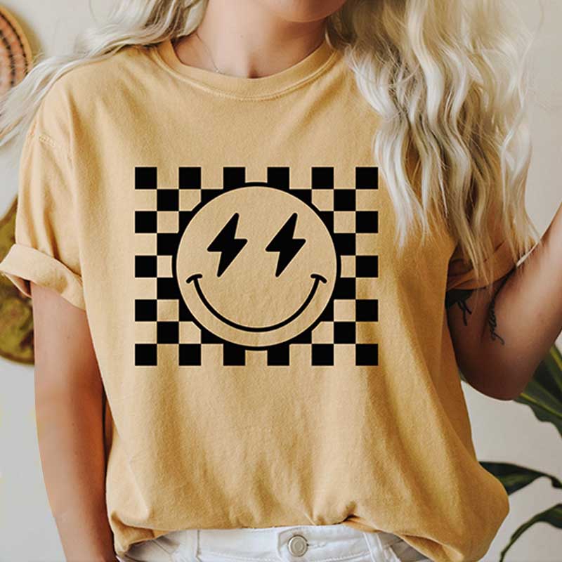 Comfort Colors Checkered Pattern Smile Face T-Shirt