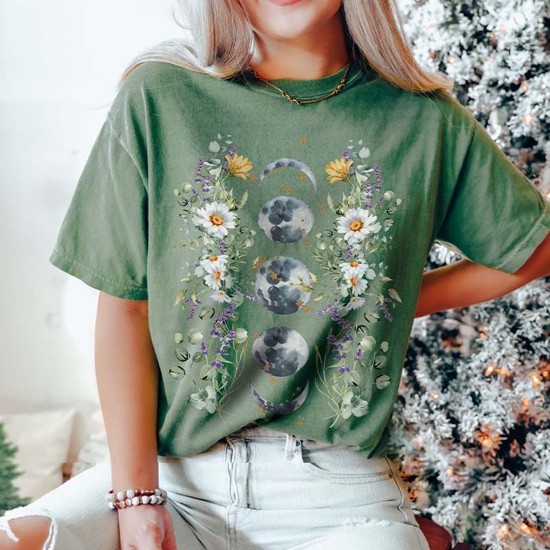 Floral Moon Phase Mystical Flower T-Shirt