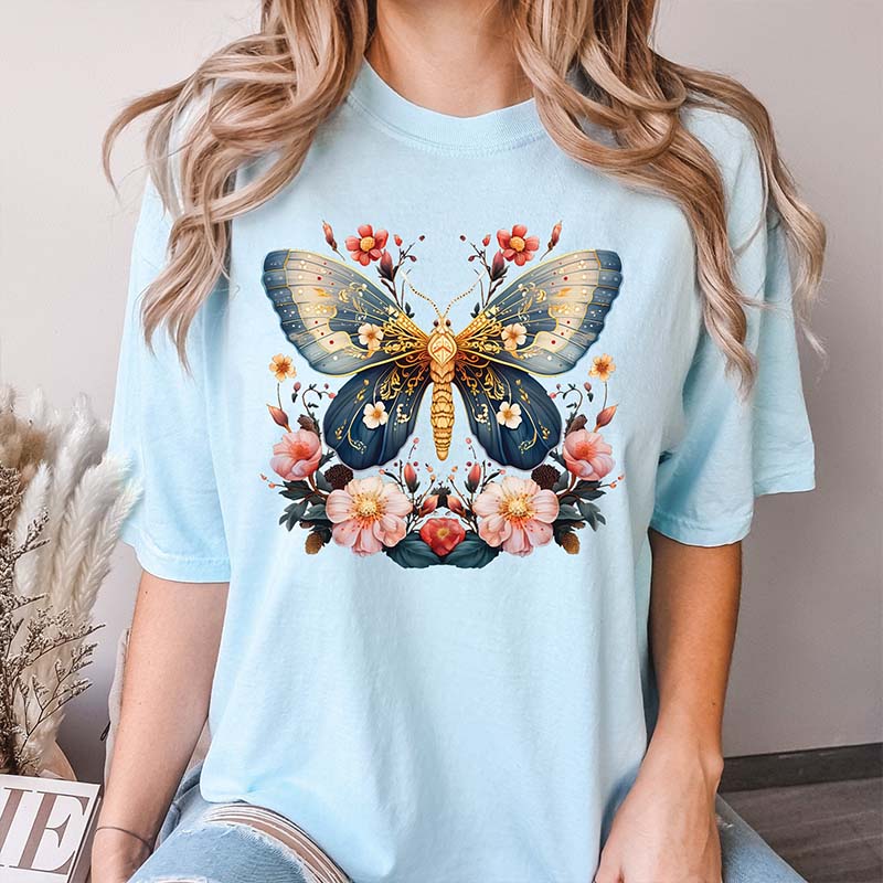 Celestial Moth Butterfly Pink Flowers T-Shirt