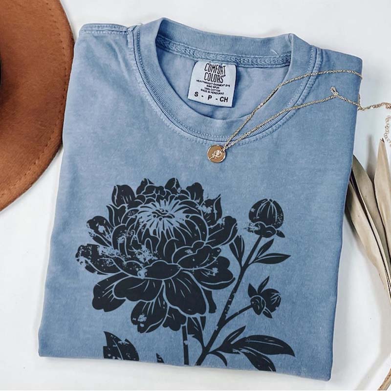 Vintage Linocut Flower Peonies T-Shirt