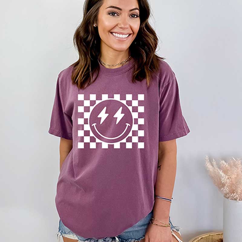 Comfort Colors Checkered Pattern Smile Face T-Shirt