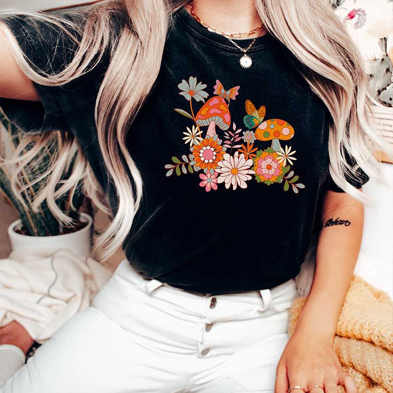 Retro Mushrooms Flowers and Butterflies T-Shirt