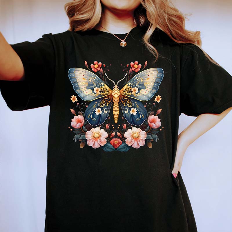 Celestial Moth Butterfly Pink Flowers T-Shirt