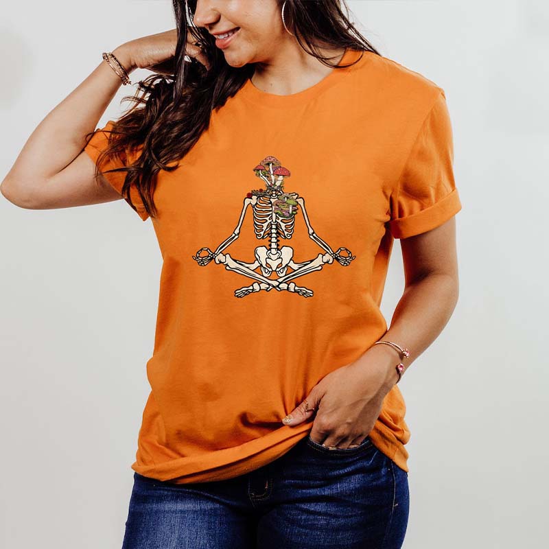 Skeletons Yoga Meditation Mushrooms And Flowers T-Shirt