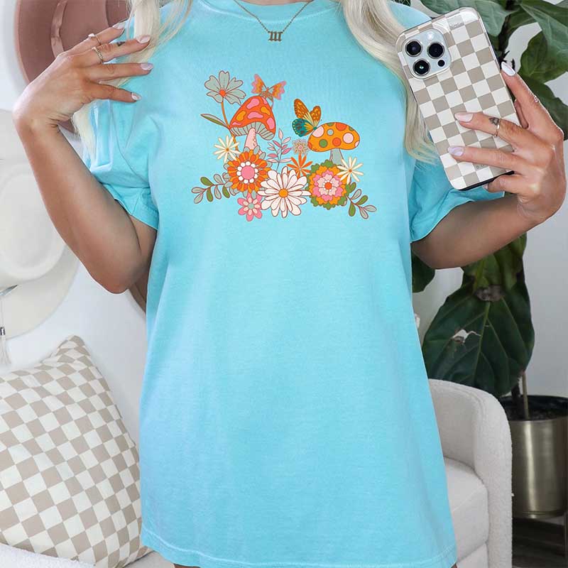 Retro Mushrooms Flowers and Butterflies T-Shirt