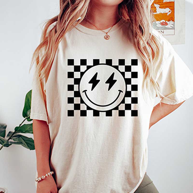 Comfort Colors Checkered Pattern Smile Face T-Shirt