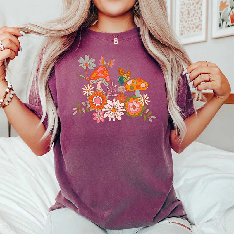 Retro Mushrooms Flowers and Butterflies T-Shirt