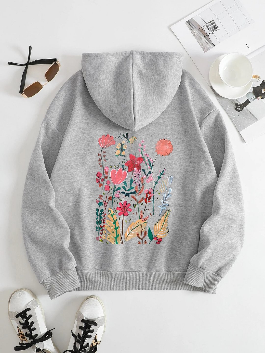 Printed On The Back Hoodie For Women Acrylic Painting Of Flowers Pattern