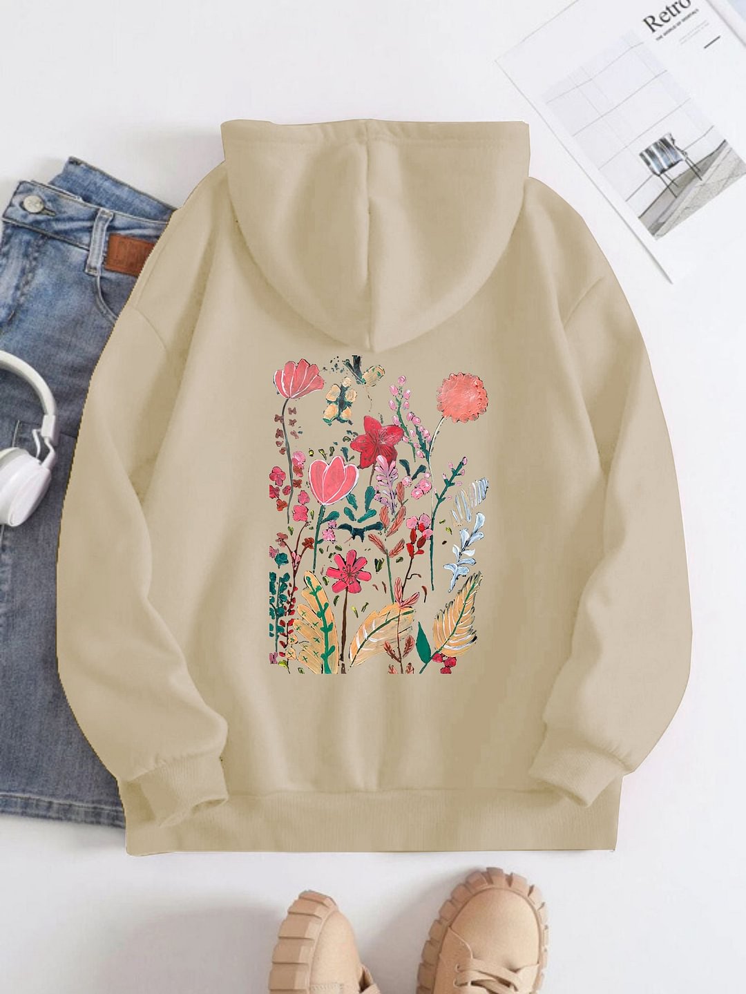 Printed On The Back Hoodie For Women Acrylic Painting Of Flowers Pattern