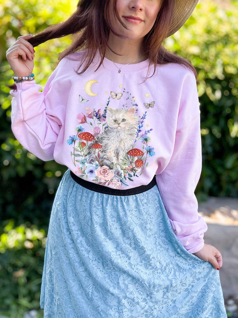 Vintage Cat Sweater Cottagecore Floral Aesthetic Sweatshirt