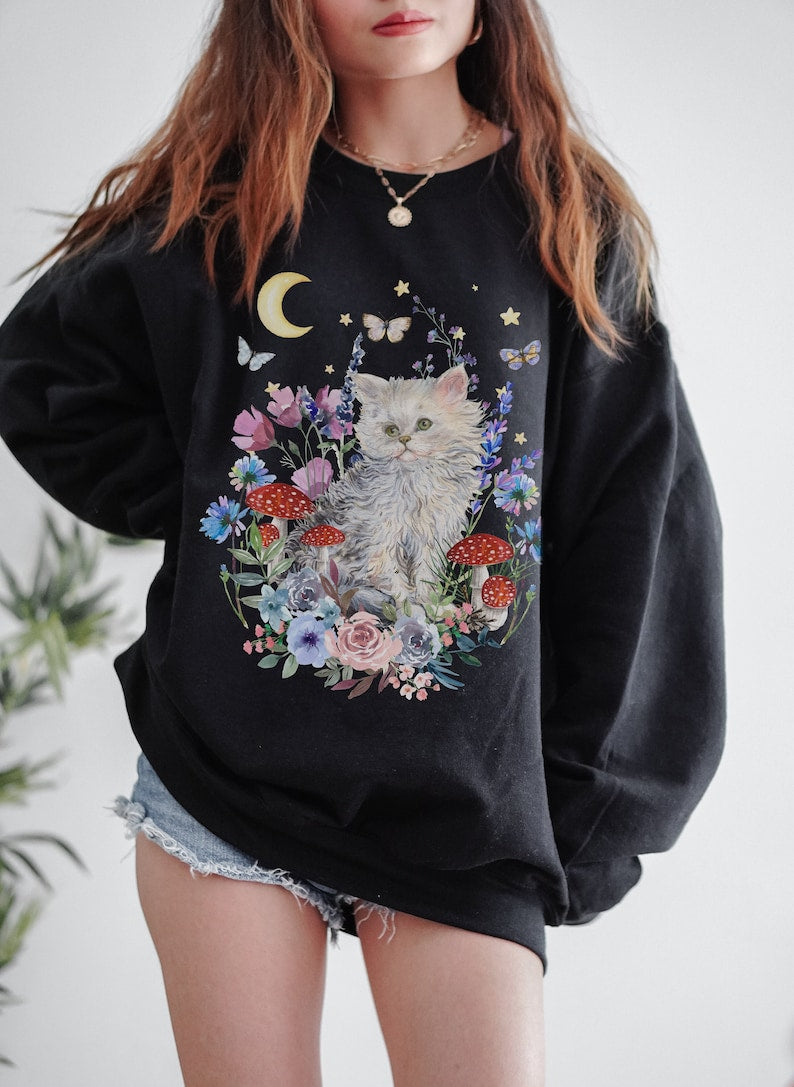 Vintage Cat Sweater Cottagecore Floral Aesthetic Sweatshirt