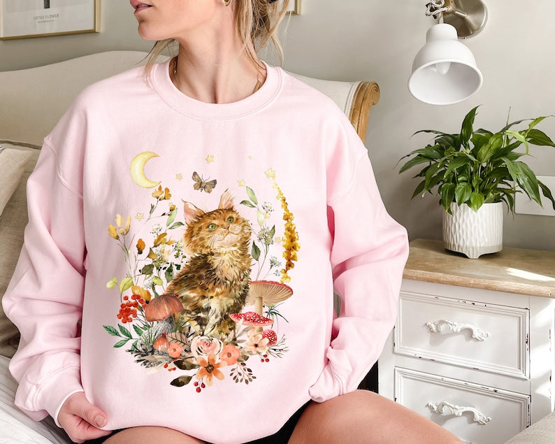 Vintage Cat Floral Aesthetic Crewneck Sweatshirt