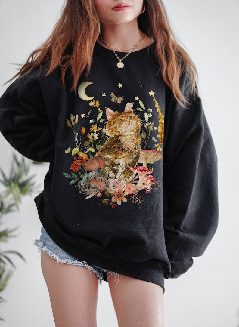 Vintage Cat  Floral Aesthetic Crewneck Sweatshirt
