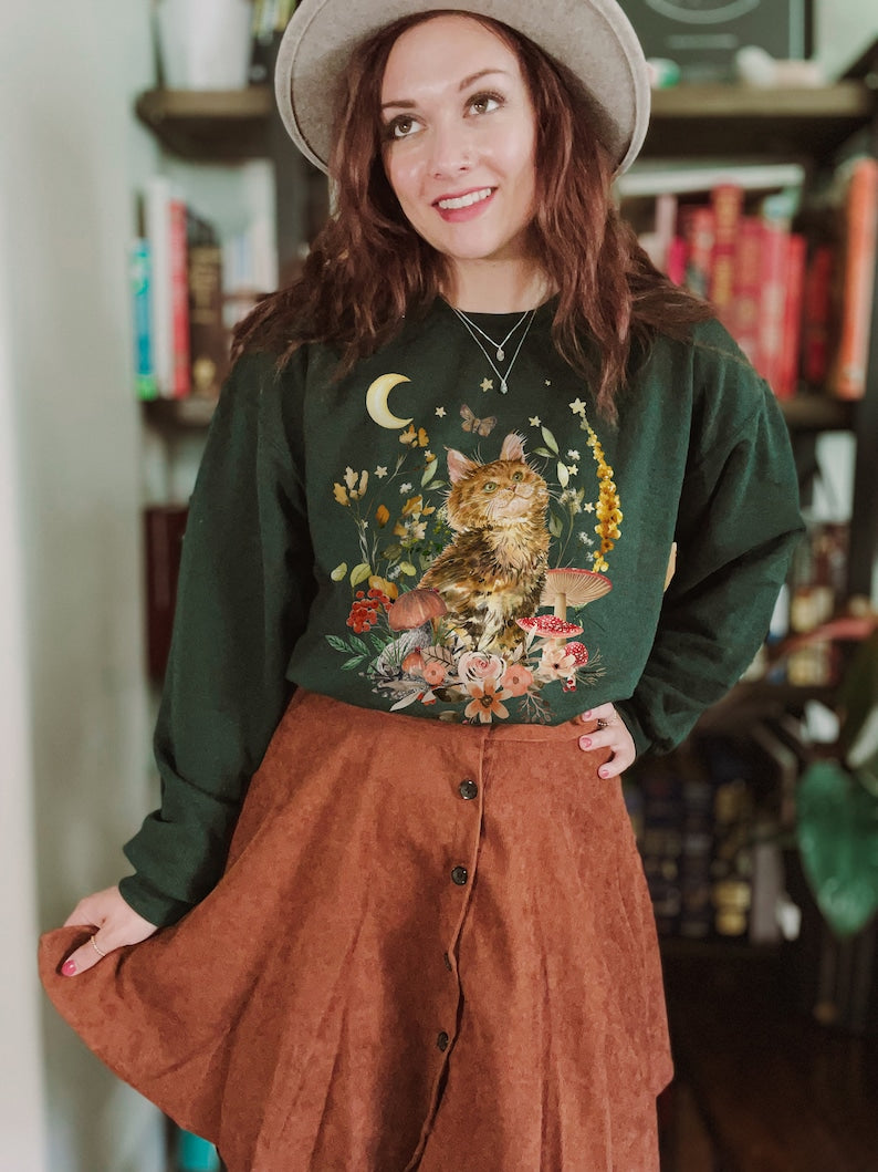 Vintage Cat Floral Aesthetic Crewneck Sweatshirt
