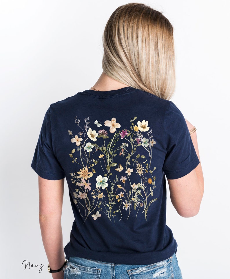 T-Shirt mit gepressten Blumen auf der Rückseite, Geschenk für Gartenliebhaber