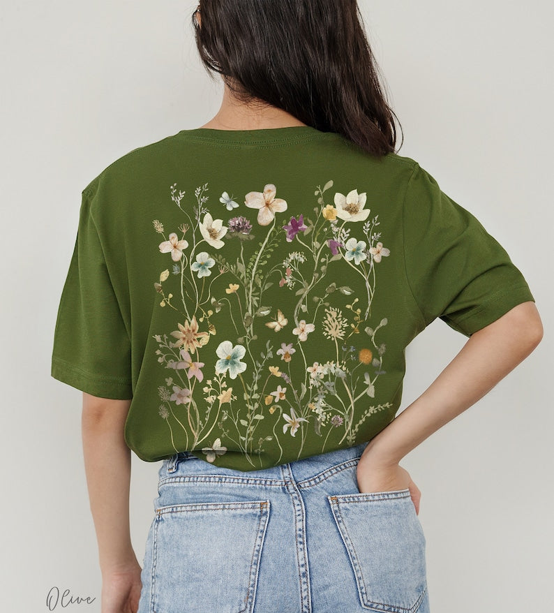 T-Shirt mit gepressten Blumen auf der Rückseite, Geschenk für Gartenliebhaber